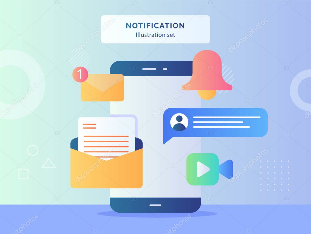 Notification illustration set smartphone with notification message email bell chat video call flat style vector design