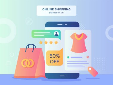 Çevrimiçi alışveriş illüstrasyonu, düz stil vektör tasarımlı alışveriş çantası kıyafetlerinin akıllı telefon ekranı arka planında yıldız oranını ayarlar