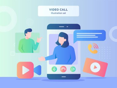 Video çağrısı illüstrasyon seti kadınları görüntüleme akıllı telefon ekranında erkeklerin kamera görüntüsü görüntüsü gelen arama düz biçim vektör tasarımı hakkında konuşur