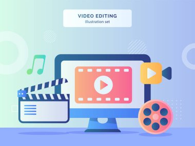 Düz stil vektör tasarımı ile kamera film şeridi müziğinin bilgisayar ekranı arka planında video düzenleme seti