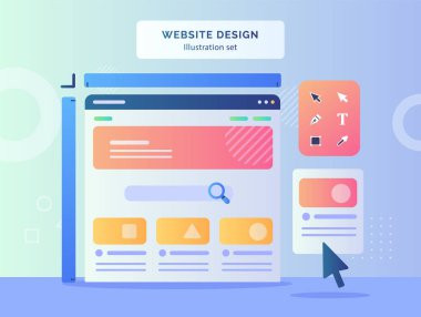 Web sitesi tasarım çizimi çizilmiş aracın düz stil vektör tasarımı ile doğrudan seçim aracı kalem aracının monitör monitör bilgisayar arkaplanı üzerinde wirefram ayarlı..