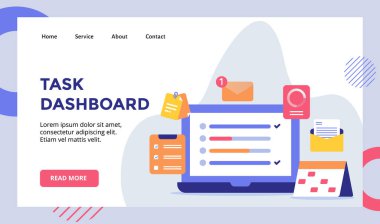 Web sitesi ana sayfası iniş sayfası şablonu için takvim panosu kontrol listesi e-posta kampanyasının dizüstü bilgisayarının düz stil illüstrasyon tasarımı paneli