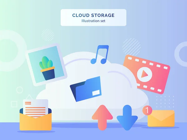 Ensemble Illustration Stockage Cloud Arrière Plan Cloud Image Musique Vidéo — Image vectorielle