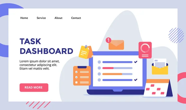 Task Dashboard Laptop Achtergrond Van Kalender Klembord Checklist Mail Campagne — Stockvector