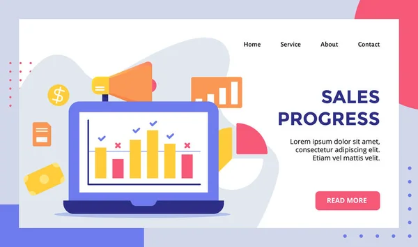 Értékesítési Előrehaladás Diagram Monitor Kijelző Koncepció Kampány Weboldal Kezdőlap Kezdőlap — Stock Vector