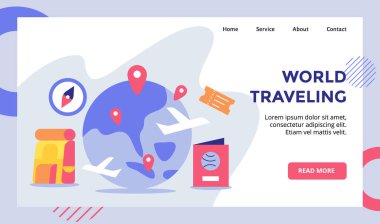 Dünya seyahati imleci konumu web sitesi web sitesi ana sayfa iniş şablonu için düz stil ile dünya kampanyasına yayıldı. vektör