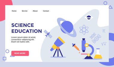 Web sitesi web sitesi ana sayfa iniş sayfası afişi için pipette tüpü kimyasal teleskop kampanyasının bilim eğitimi mikroskobu arka planı. vektpr