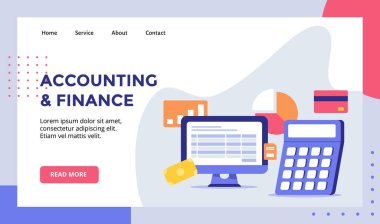 Web sitesi ana sayfası iniş sayfası için bilgisayar kampanyası için düz stil vektörlü muhasebe ve finansman şablonu