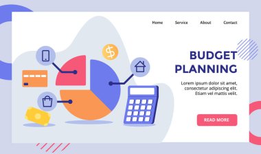 Bütçe Planlama parça pasta grafiği web sitesi web sitesi için akıllı telefon ev telefonu kampanyası düz stil vektör ile ana sayfa iniş sayfası şablonu