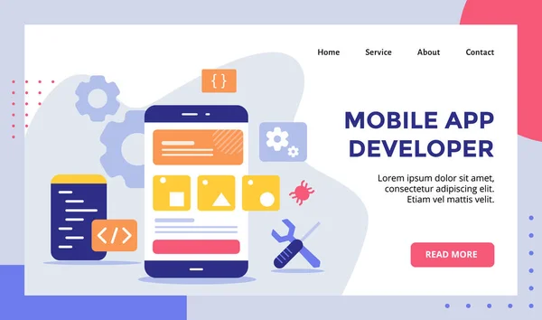 Розробник Мобільних Додатків Дисплеї Кампанії Екрану Смартфона Веб Сайту Домашньої — стоковий вектор