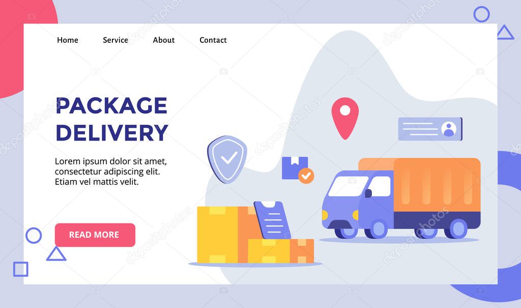 Package delivery shipping truck background of box package for web website home homepage landing page template banner with flat style vector