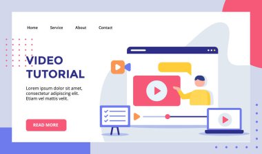 Web sitesi için video oyunu kampanyasında video eğitmeni. Ana sayfa iniş sayfası afişi modern düz stil. vektör