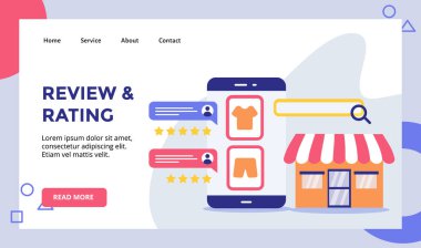 Web sitesi için akıllı telefon ekranı kampanyasında kumaş modasını gözden geçir ve sınıflandır. Ana sayfa iniş sayfası afiş şablonu modern düz biçim vektörü