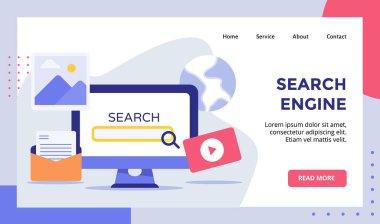 Arama motoru SEO lupe görüntüleme ekranı bilgisayar kampanyası web sitesi ana sayfası iniş sayfası ilanı modern düz stil vektörü