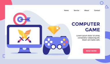 Web sitesi ana sayfası indirme şablonu için bilgisayar oyunu ekranındaki kılıç modern düz stil vektörlü pankart broşürü