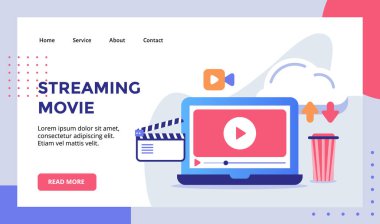 Web sitesi ana sayfası için dizüstü bilgisayar ekranında oynayan canlı film videosu modern düz stil vektörü ile ana sayfa iniş sayfası şablonu