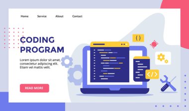 Web sitesi ana sayfa iniş sayfası şablonu için dizüstü bilgisayar ekranındaki codling programı modern düz tarzlı. vektör