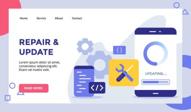 Web sitesi ana sayfası iniş şablonu için akıllı telefon ekranındaki simgeyi modern düz biçim vektörü ile onar ve güncelle