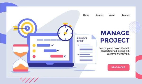 Manage Project Laptop Background Hourglass Stopwatch Web Website Home Homepage — 스톡 벡터