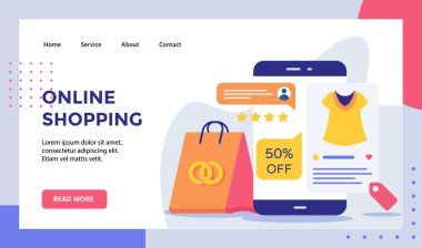 Çevrimiçi Alışveriş geri bildirimi uygun oran indirimi kumaş moda akıllı telefon kampanyası web sitesi ana sayfa iniş sayfası şablonu modern düz stil vektörü