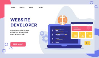 Web sitesi anasayfası için web sitesi geliştirici dili kodlama kampanyası modern düz biçim vektörü ile ana sayfa iniş sayfası şablonu pankartı