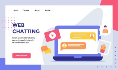 Web sitesi web sitesi ana sayfası iniş sayfası şablonu için modern düz stil vektörü ile görüntüleme dizüstü bilgisayarı üzerinde Web sohbeti metni