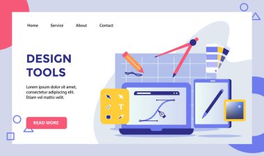 Web sitesi ana sayfası iniş sayfası için bilgisayar kampanyasında kalem çizimi çizimi için modern düz stil vektörü olan tasarım araçları dizayn satırı