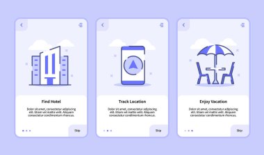 Mobil uygulamalar için modern kullanıcı arayüzü UX UI şablonu. Akıllı telefon otel pist konumu. Düz stil vektör tasarımı illüstrasyonuyla tatilin tadını çıkarın..