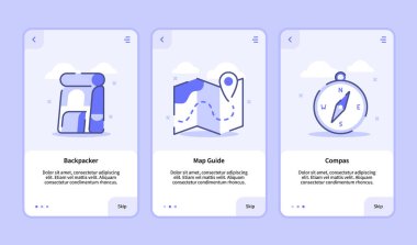 Gezgin ekrandaki modern kullanıcı arayüzü UX UI şablonu Mobil uygulamalar için akıllı telefon sırt çantalı harita rehberi düz stil vektör tasarım illüstrasyonlu pusula.