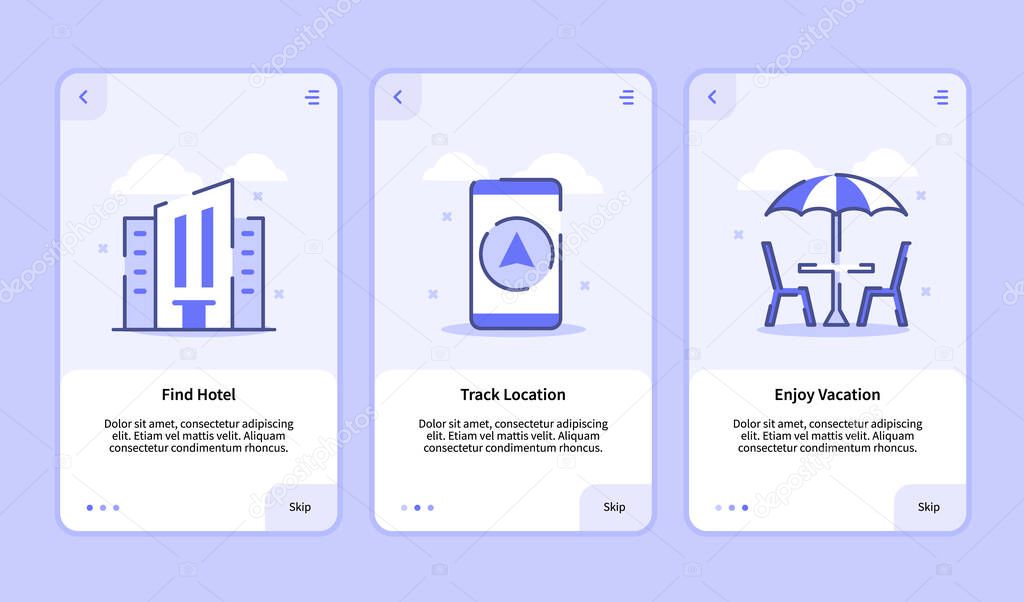 Hotel onboarding screen modern user interface UX UI template for mobile apps smartphone find hotel track location enjoy vacation with flat style vector design illustration.