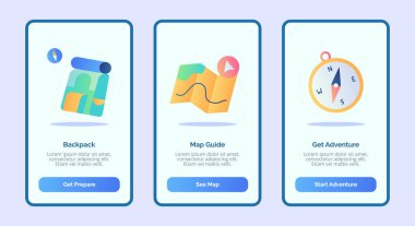 Sırt çantası harita rehberi mobil uygulamalar için macera olsun şablon afiş sayfa UI üç varyasyonlu modern düz renk biçimi ile.