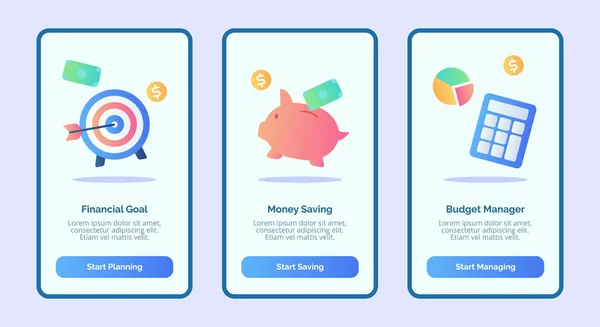 Finanční cíl úspora peněz správce rozpočtu pro mobilní aplikace šablony banner stránka UI se třemi variantami moderní ploché barvy — Stockový vektor