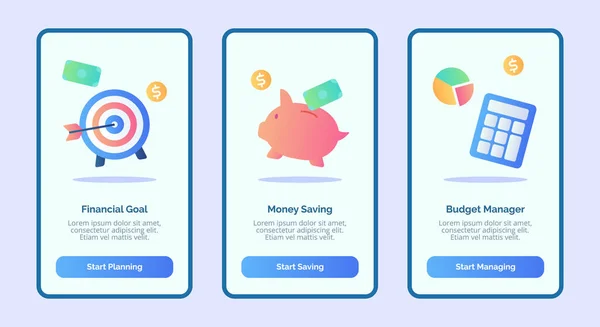 Cel finansowy oszczędność pieniędzy menedżer budżetu dla aplikacji mobilnych szablon strony interfejsu użytkownika z trzech wariantów nowoczesny płaski styl kolorów — Wektor stockowy