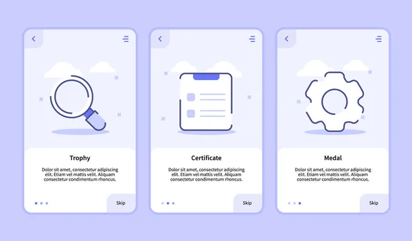 Onboard-Bildschirm für mobile Apps Vorlage Bannerseite UI mit drei Varianten moderner flacher Umrissstil — Stockvektor