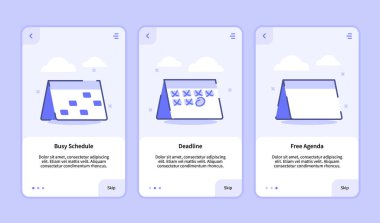 Mobil uygulamalar için programlanmamış gündem listesi şablon başlık UI sayfasında üç varyasyonlu modern düz dış hatlı