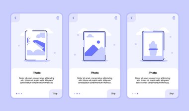 Mobil uygulamalar için fotoğraf paneli şablon UI sayfası üç varyasyonlu modern düz dış hat biçimi.