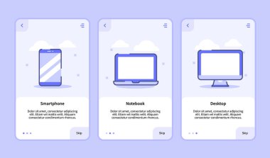 Mobil uygulamalar için akıllı telefon defteri masaüstü şablon afiş sayfası UI üç varyasyonlu modern düz dış hat biçimi.