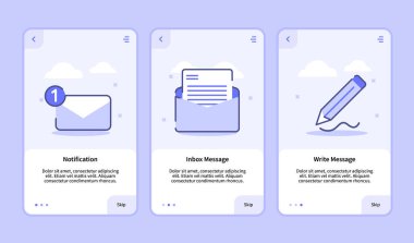 Mobil uygulamalar için uyarı gelen kutusu iletisi yaz. Pankart sayfası UI, üç varyasyonlu modern düz dış hatlı..