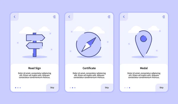 モバイルアプリ用オンボーディング画面テンプレートバナーページUIには3種類のバリエーションがあります。 — ストックベクタ