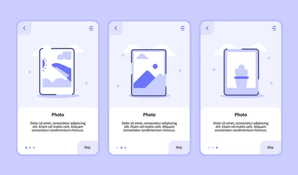 Foto-Onboard-Bildschirm für mobile Apps Vorlage Bannerseite UI mit drei Variationen modernen flachen Umrissstil. — Stockvektor
