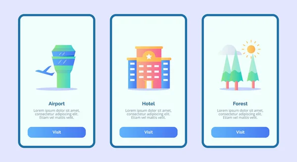 Aeropuerto hotel bosque o aplicaciones móviles plantilla banner página UI con tres variaciones de estilo moderno de color plano — Archivo Imágenes Vectoriales