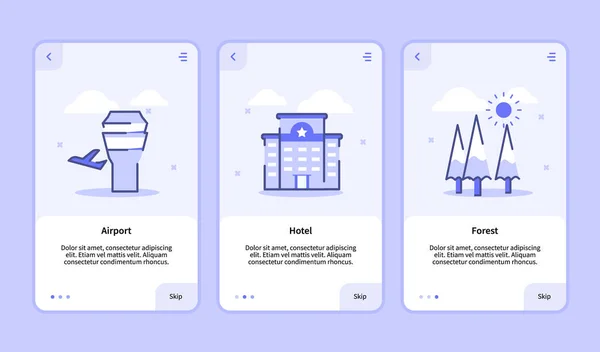 Аеропорт готель ліс на екрані для мобільних додатків шаблон банер сторінка інтерфейсу з трьома варіантами сучасного стилю плоского контуру . — стоковий вектор