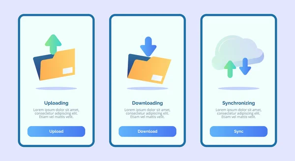 Carga de la descarga de sincronización para aplicaciones móviles plantilla banner página UI con tres variaciones de estilo moderno de color plano — Vector de stock