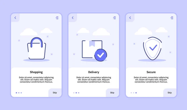 Παράδοση αγορών ασφαλής οθόνη onboarding για το πρότυπο banner mobile apps σελίδα UI με τρεις παραλλαγές σύγχρονο στυλ επίπεδη περίγραμμα. — Διανυσματικό Αρχείο