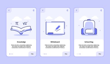 Mobil uygulamalar için bilgi beyaz tahta okul çantası pano ekranında şablon afiş sayfası UI üç varyasyonlu modern düz ana hatlı