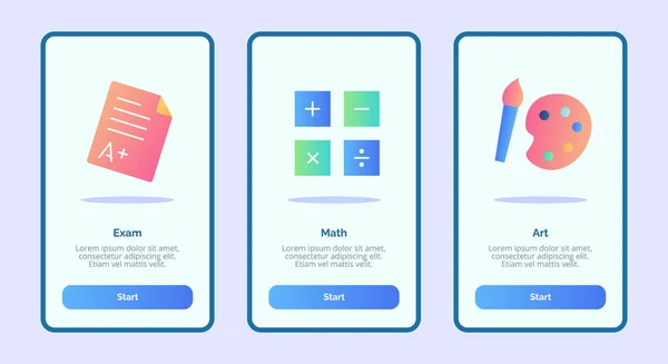 Examen de arte matemático para aplicaciones móviles plantilla banner página UI con tres variaciones de estilo moderno de color plano — Archivo Imágenes Vectoriales