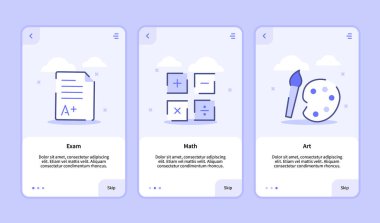 Mobil uygulamalar için sınav matematik sanatı panosu şablon sayfası UI üç varyasyonlu modern düz çizgi biçimi ile.