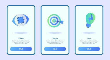Mobil uygulamalar için görsel hedef fikir ekranı şablon paneli UI sayfası üç varyasyonlu modern düz renk biçimi