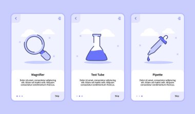 Mobil uygulamalar için büyüteç test tüpü pipeti pano ekranında şablon paneli UI sayfasında üç varyasyonlu modern düz ana hatlı.
