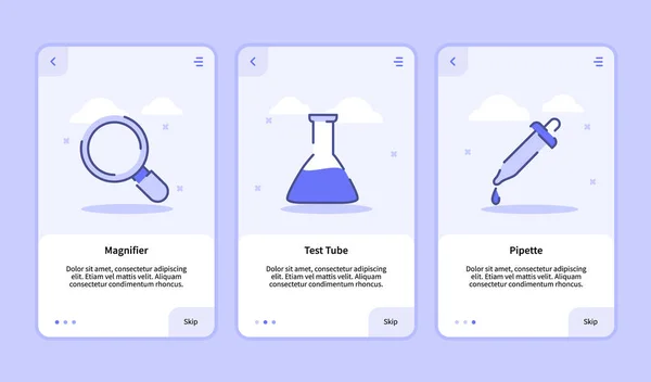 Tela de integração de pipeta de tubo de teste de amplificador para aplicativos móveis modelo banner página UI com três variações estilo moderno de contorno plano. —  Vetores de Stock